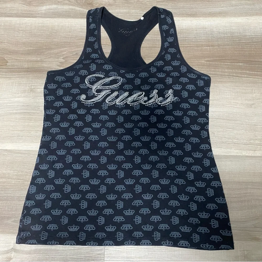 GUESS Y2K Rhinestone Crown Ribbed Tank Top - Picture 2 of 11